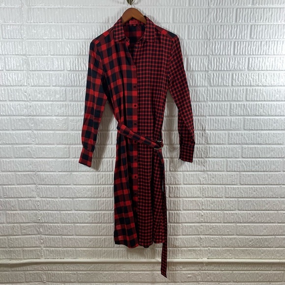 Hugo Boss Midi Shirt Dress Mixed Buffalo Checks with Belt 34 2 Small - Picture 2 of 11